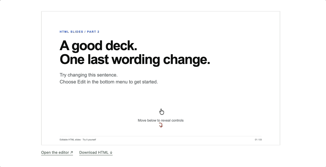 An HTML slide being edited directly in the browser, then saved with Download HTML.