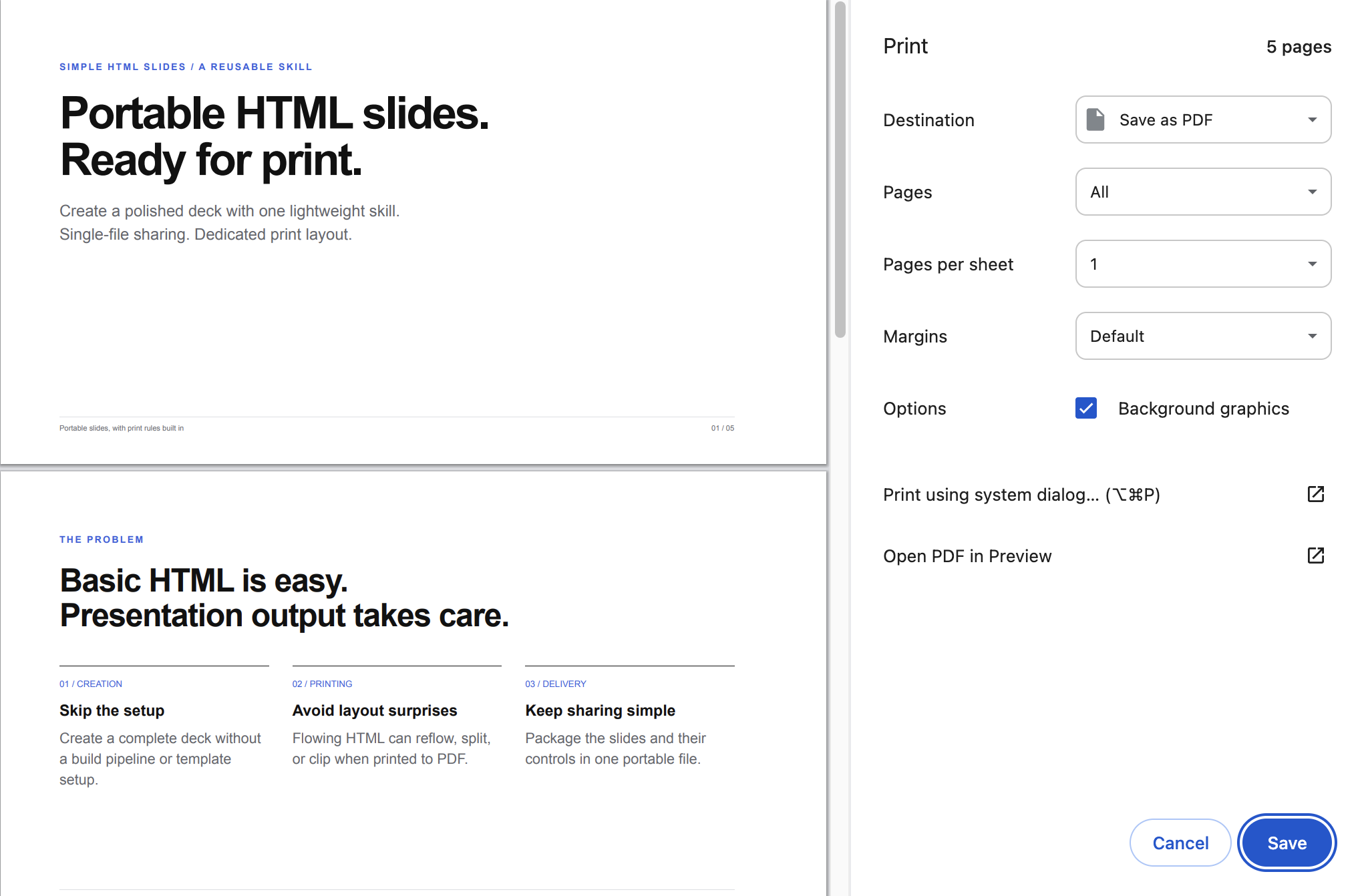 Print preview of the sample deck: Save as PDF is selected, the dialog shows 5 pages, and the first slides retain their landscape layout.