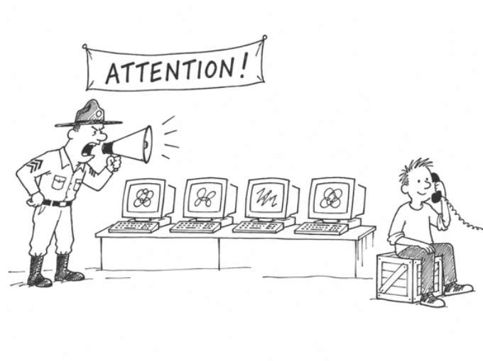 Under a banner that reads ATTENTION!, a drill sergeant yells through a megaphone at a row of computers that keep scrolling and pay no attention, while a developer sits on a wooden crate and takes a phone call with one hand