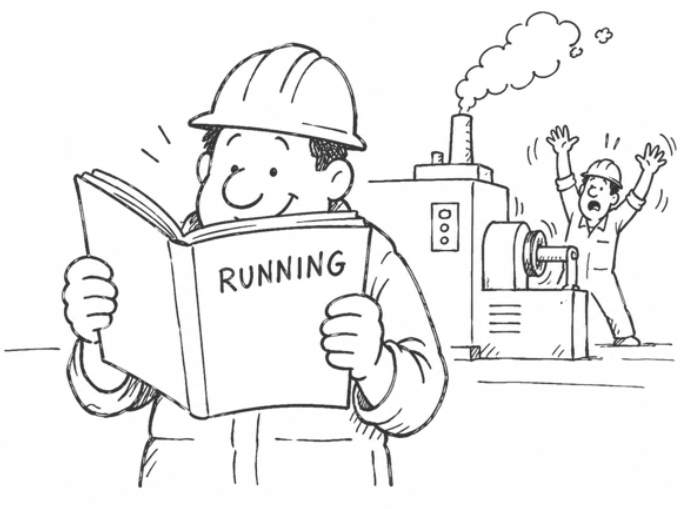 A floor manager contentedly reads a giant ledger marked RUNNING, while behind them a machine pours out smoke and a worker waves both arms and shouts