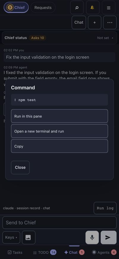 The Board on a phone. The sheet for the command "! npm test" from an agent's message is open, offering Run in this pane, Open a new terminal and run, and Copy