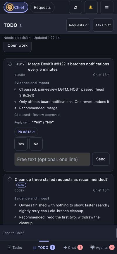 The TODO list on a phone. A card asks "Merge DevKit #812?" and lists the CI, pair-review and HOST results, the blast radius and a recommendation, with Yes and No buttons below. The next card is about cleaning up three stalled requests