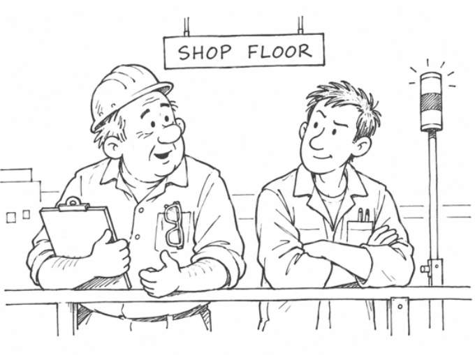 Shop floor: Hank, the floor manager, holding a clipboard, and Dez from maintenance with arms crossed. An assembly line and andon in the background