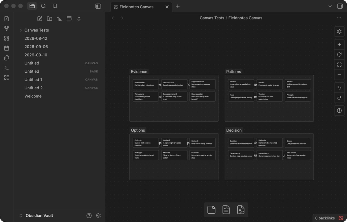 The same product research board opened in Obsidian Canvas.