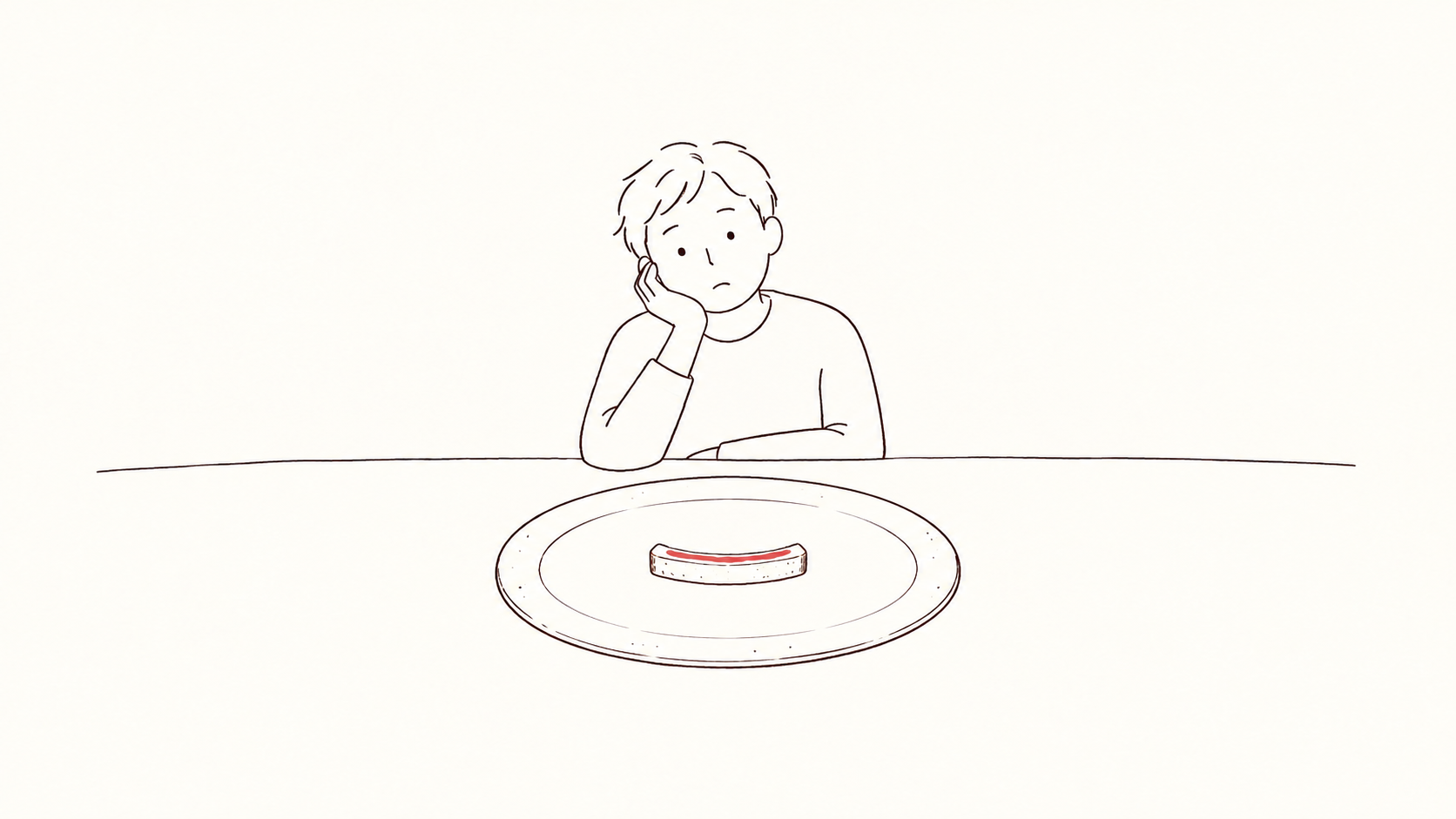 A customer resting his head on his hand, looking at a plate with a half-covered slice of bread.